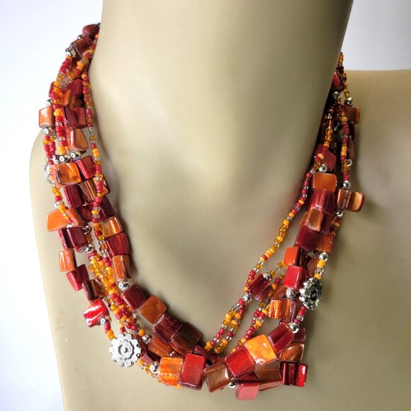 Iridescent Red Coral Floral Multi Strand Necklace With Earrings - Picture 4 of 13